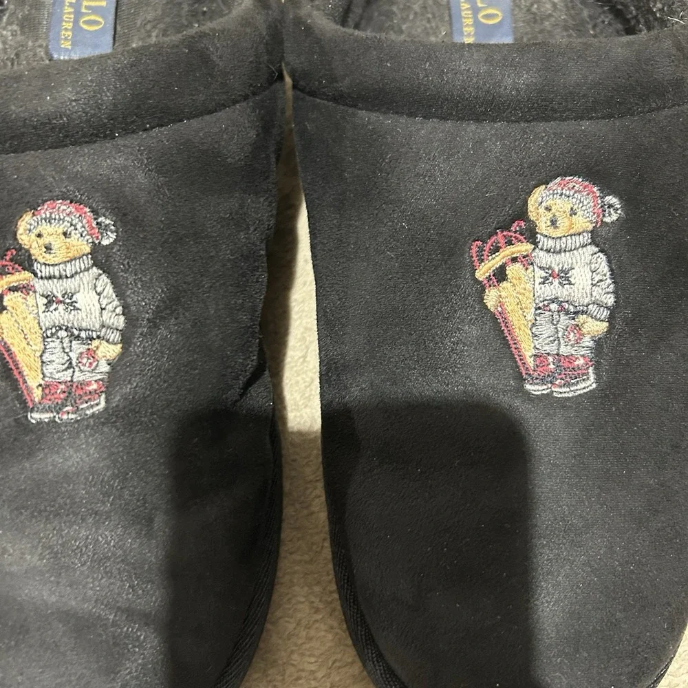 Polo Ralph Lauren Ski Bear Slippers Mens Size 8 Black Sled Scuff Faux Shearling